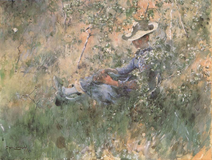 Carl Larsson Girl Among the Hawthorn Blossoms